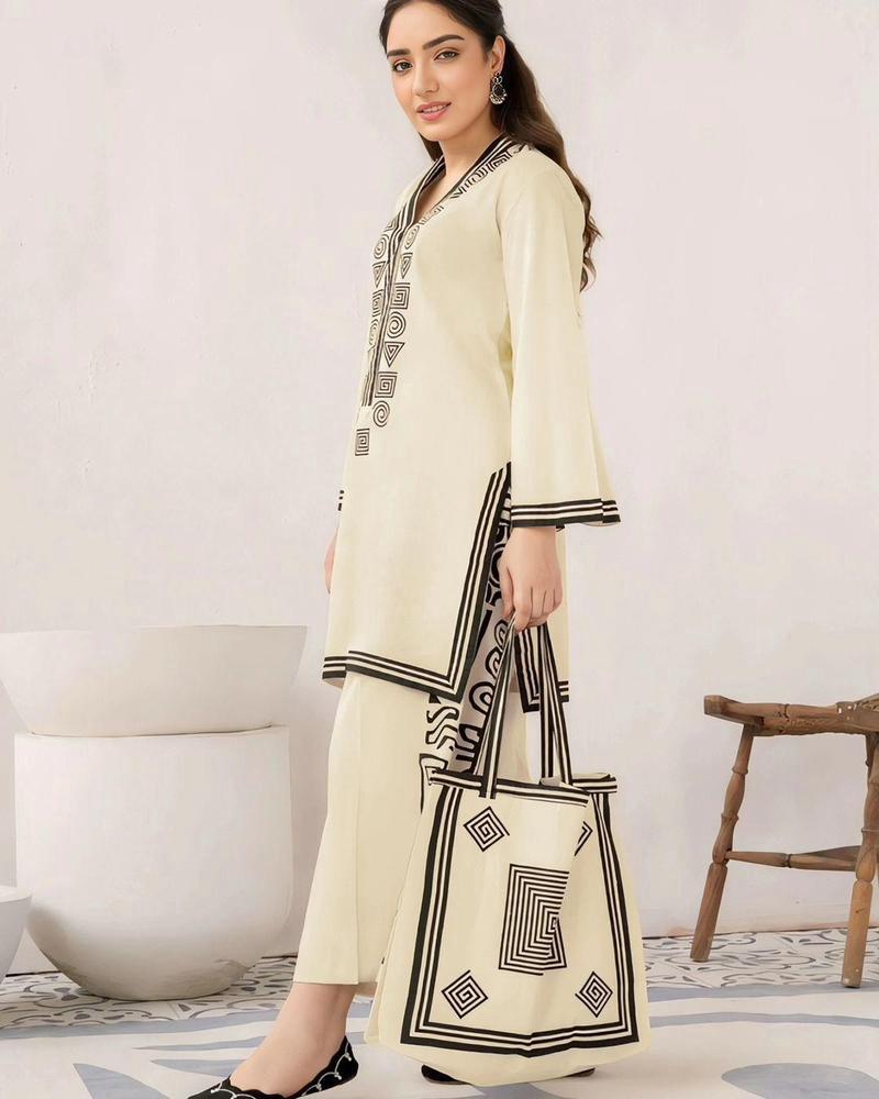 2 Pcs Women's Stitched Linen Printed Shirt And Trouser With Bag