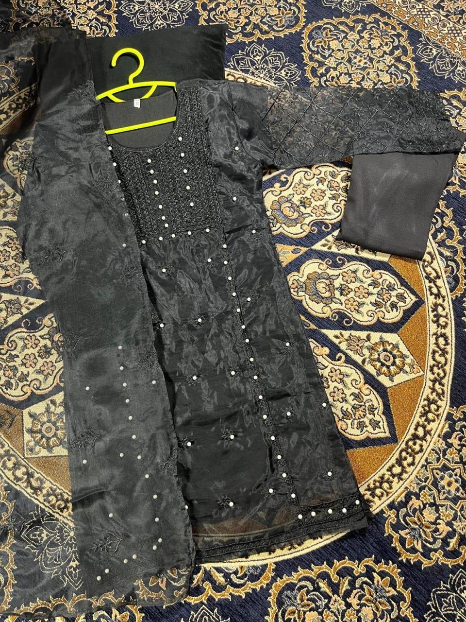 3 Pcs Girl's Organza Embroidered Shirt And Trouser Suit