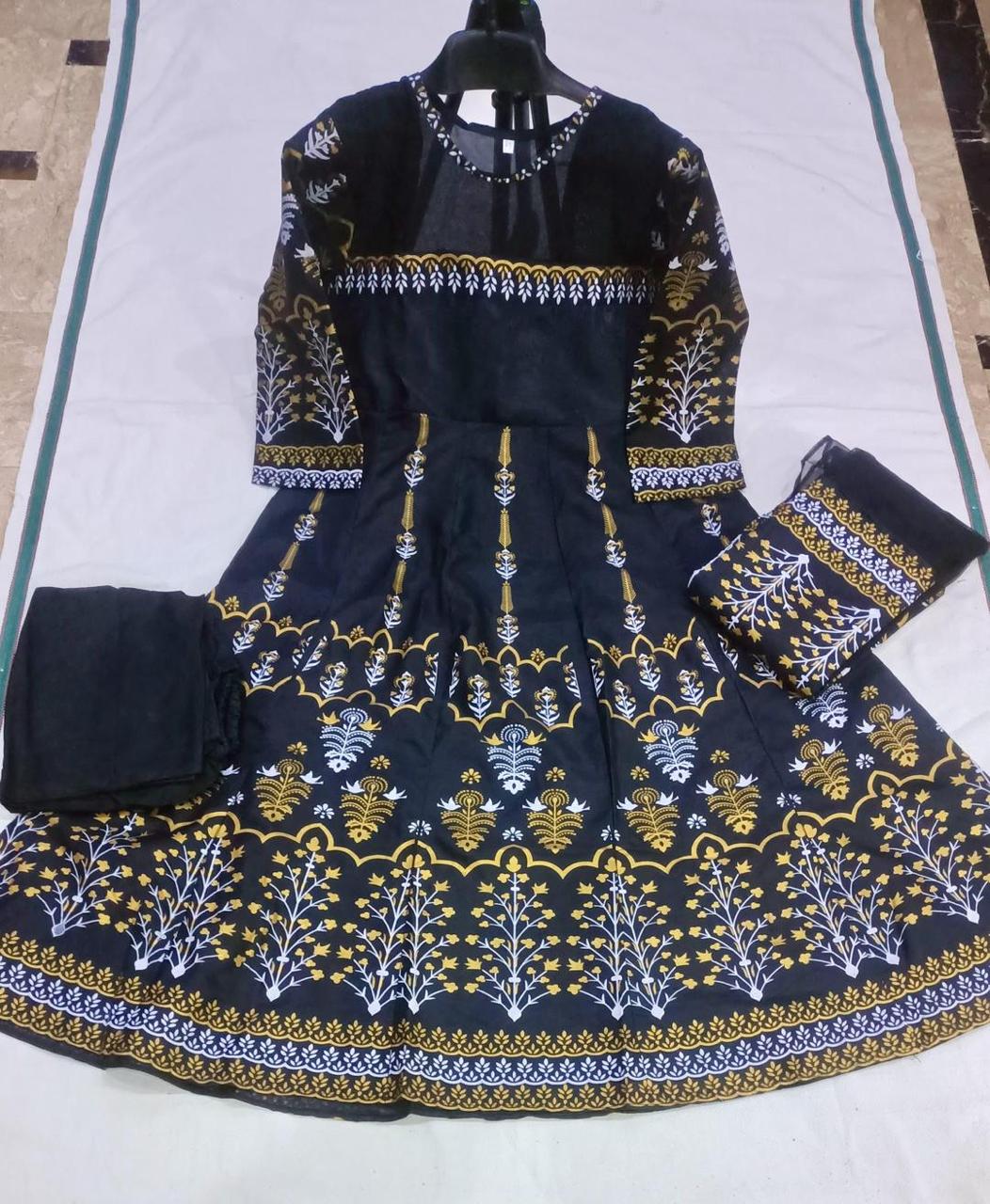Elegant Teal Katan Silk Block Printed Maxi Suit - 3 Pcs Set