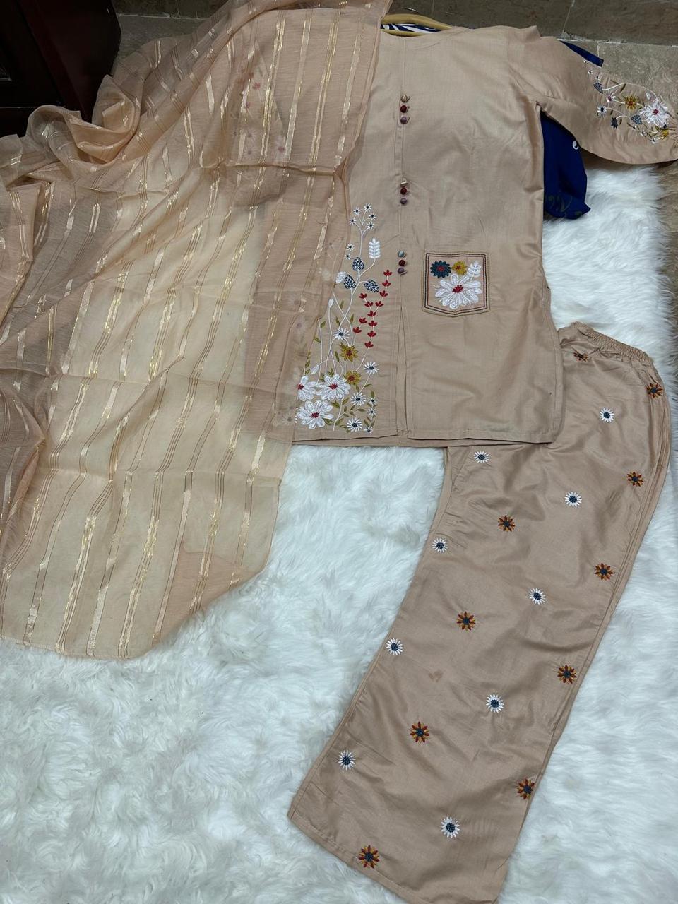 3 Pcs Women's Stitched Embroidered Suit