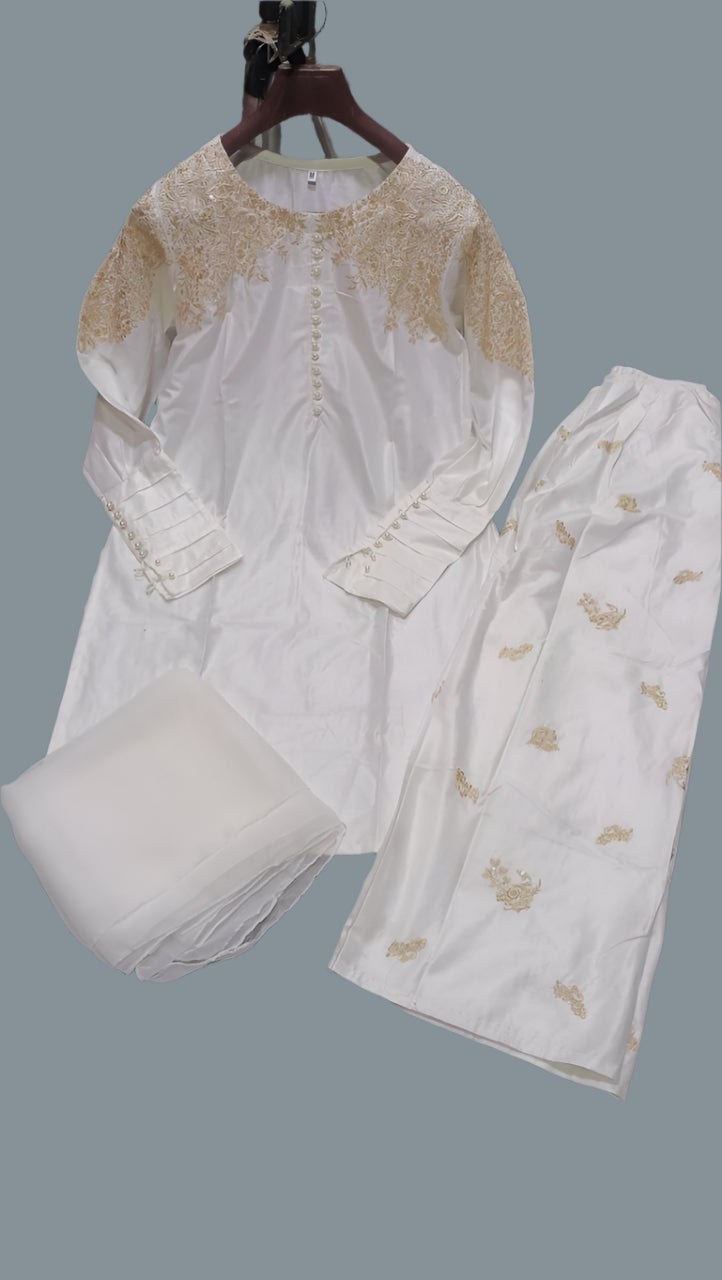 Embroidered Linen Suit Set - 3 Pcs with Chiffon Dupatta for Women