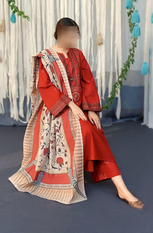 3 Pcs Women's Unstitched Embroidered Suit