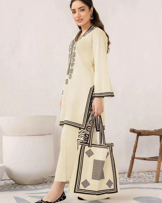 2 Pcs Women's Stitched Linen Printed Shirt And Trouser With Bag