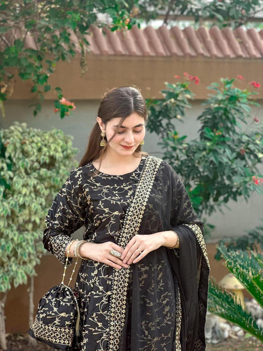 Stunning 4 Pcs Women's Stitched Embroidered Silk Maxi Suit