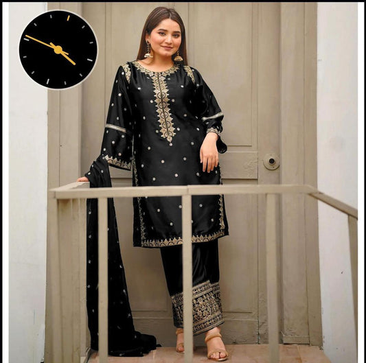 3 Pcs Women's Stitched Sequins Embroidered Suit