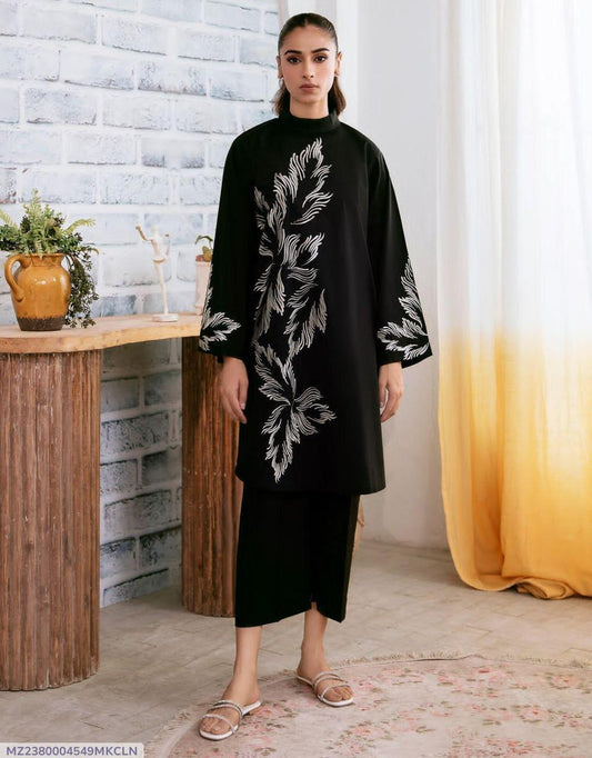2 Pcs Women's Stitched Linen Printed Shirt And Trouser