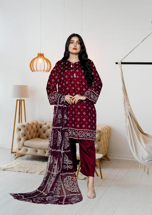 Stylish Women's Stitched Printed Suit - 3 Pcs Set in Silk & Purple