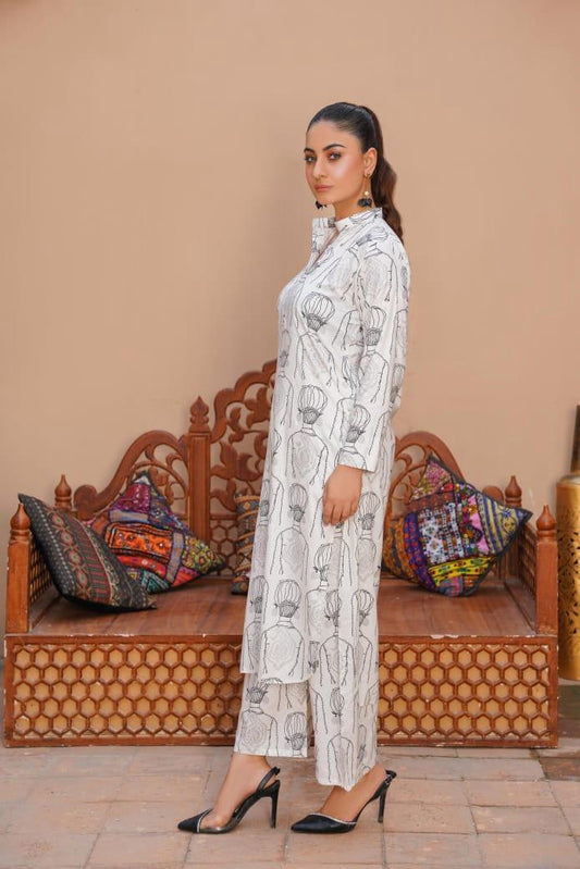 2 Pcs Women's Stitched Linen Printed Long Shirt And Trouser