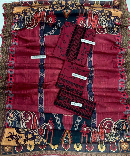 3 Pcs Women's Unstitched Embroidered Suit