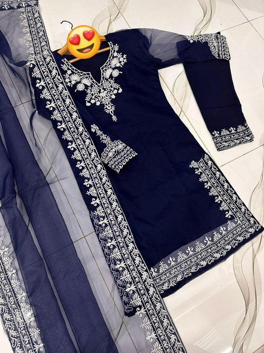 3 Pcs Women's Stitched Embroidered Frock