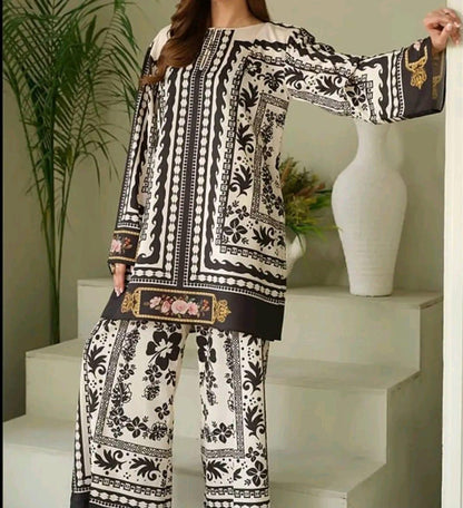 Stunning Women's Stitched Printed Silk Shirt and Trouser Set - 2 Pcs