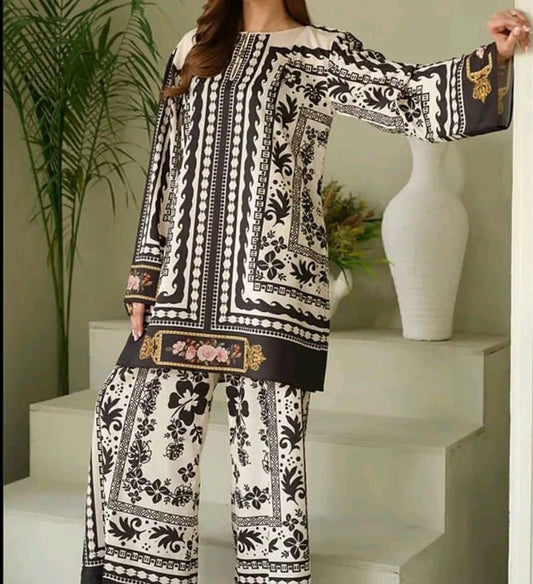 Stunning Women's Stitched Printed Silk Shirt and Trouser Set - 2 Pcs