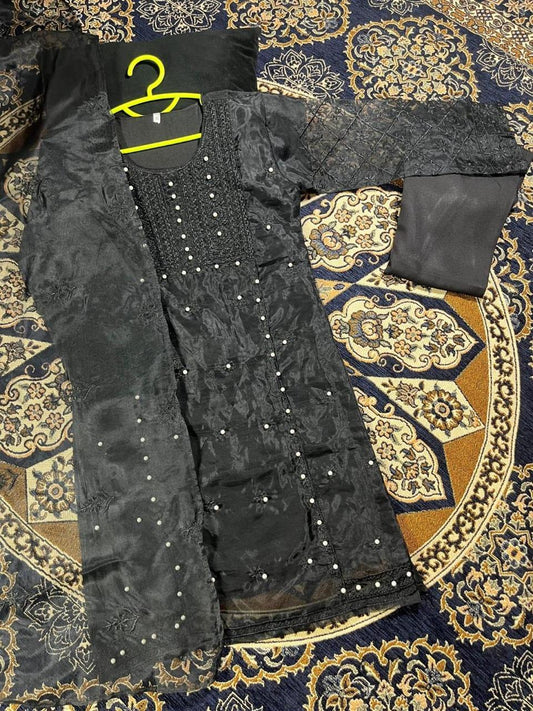3 Pcs Girl's Organza Embroidered Shirt And Trouser Suit