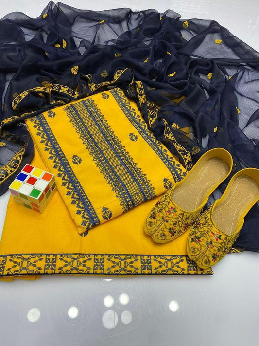 3 Pcs Women's Unstitched Cotton Embroidered Suit