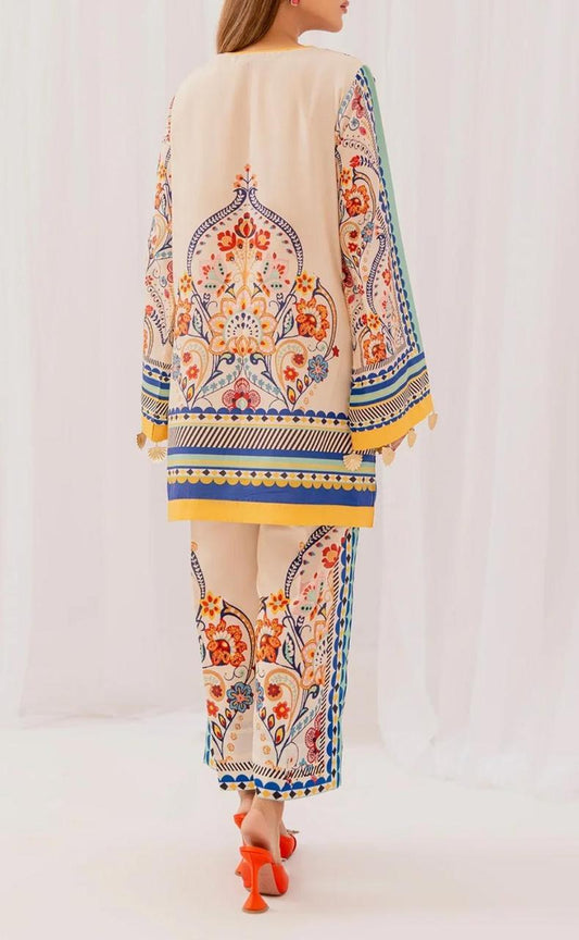 Stylish Printed V-Neck Shirt and Plain Trouser Set - 2 Pcs for Women