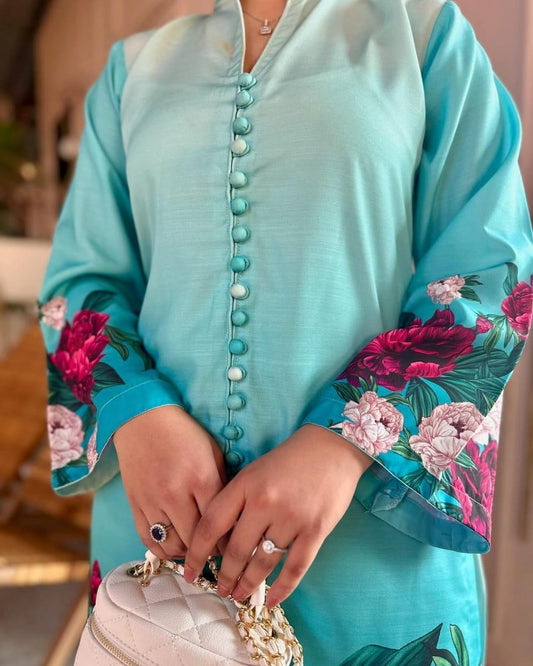 Stylish Women's Printed Khaddar Shirt And Trouser Set - 2 Pcs