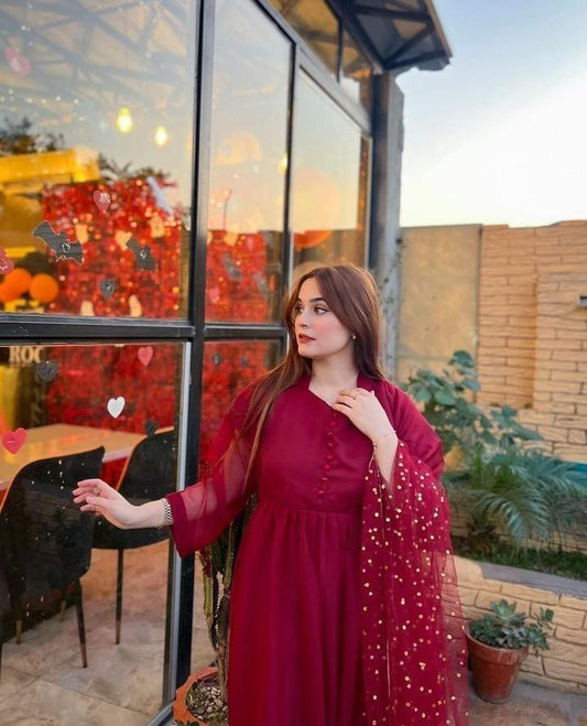 3 Pcs Women's Stitched Chiffon Plain Maxi Suit