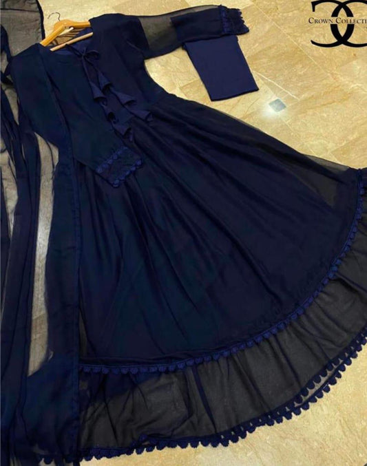 3 Pcs Women's Stitched Chiffon Plain Maxi Suit