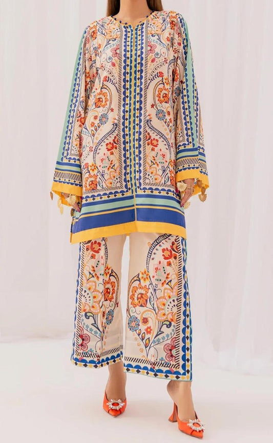 Stylish Printed V-Neck Shirt and Plain Trouser Set - 2 Pcs for Women