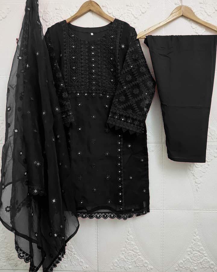 3 Pcs Girl's Organza Embroidered Shirt And Trouser Suit