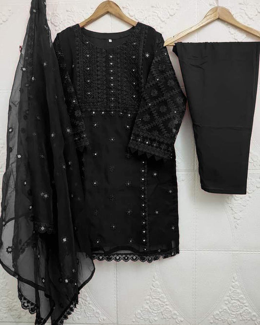 3 Pcs Girl's Organza Embroidered Shirt And Trouser Suit
