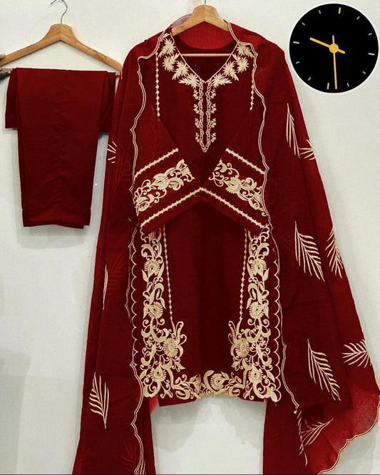 3 Pcs Women's Stitched Embroidered Suit