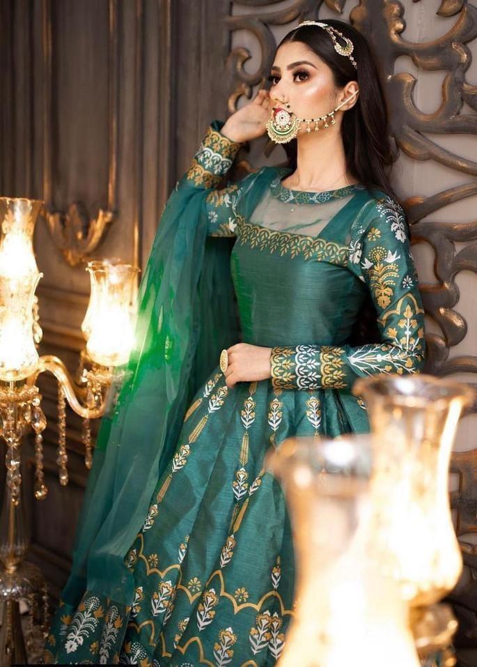 3 Pcs Women's Stitched Katan Silk Embroidered Maxi
