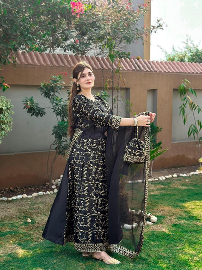Stunning 4 Pcs Women's Stitched Embroidered Silk Maxi Suit