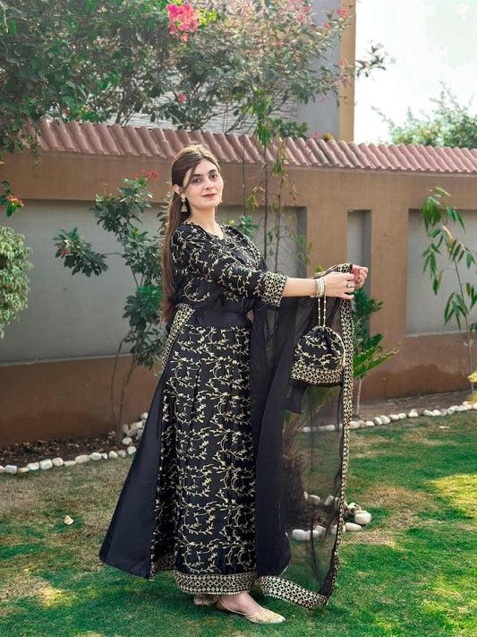 Stunning 4 Pcs Women's Stitched Embroidered Silk Maxi Suit