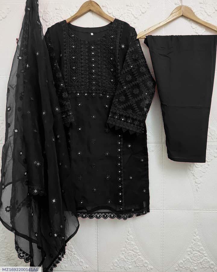 3 Pcs Girl's Organza Embroidered Shirt And Trouser Suit