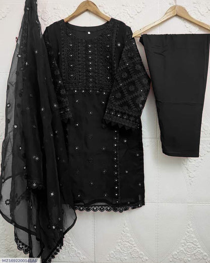 3 Pcs Girl's Organza Embroidered Shirt And Trouser Suit