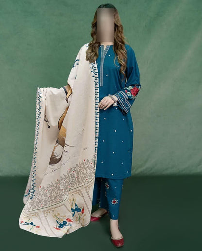 3 Pcs Women's Unstitched Embroidered Suit
