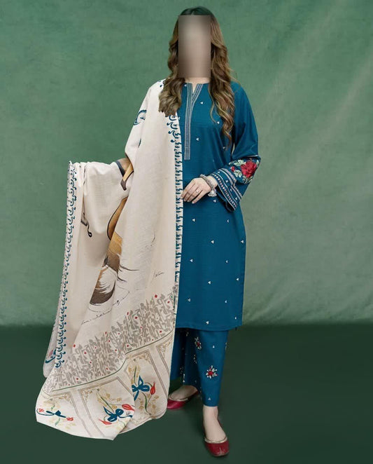 3 Pcs Women's Unstitched Embroidered Suit