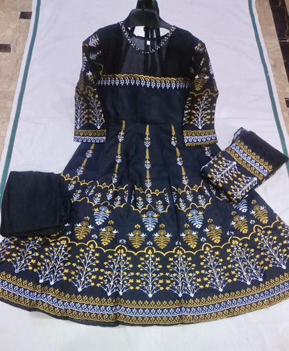 Elegant Teal Katan Silk Block Printed Maxi Suit - 3 Pcs Set