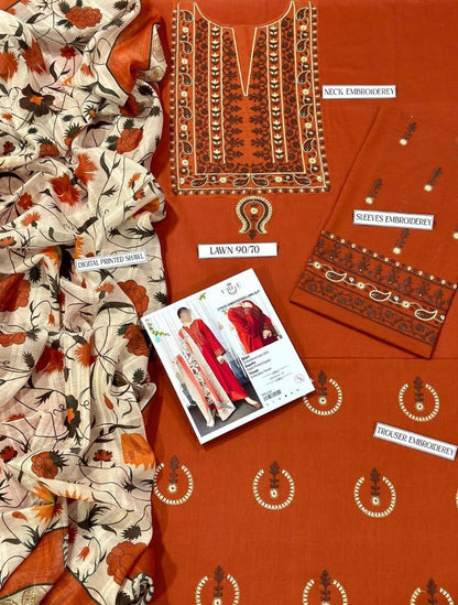 3 Pcs Women's Unstitched Embroidered Suit