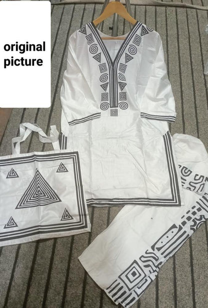 2 Pcs Women's Stitched Linen Printed Shirt And Trouser With Bag