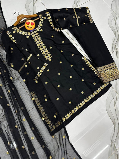 3 Pcs Women's Stitched Sequins Embroidered Suit