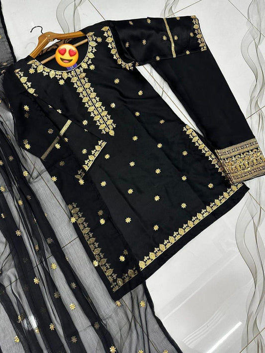 3 Pcs Women's Stitched Sequins Embroidered Suit