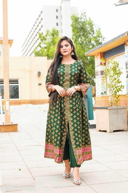 2 Pcs Women’s Stitched Katan Silk Printed Maxi