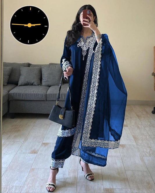 3 Pcs Women's Stitched Embroidered Frock