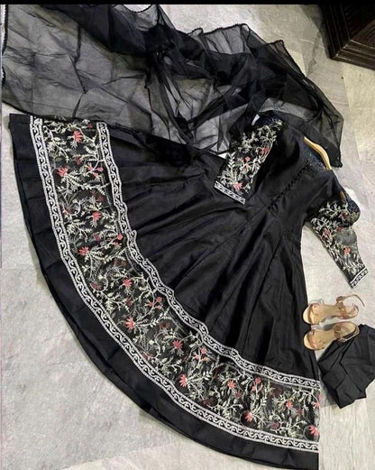 3 Pcs Women Stitched Katan Silk Embroidered Maxi