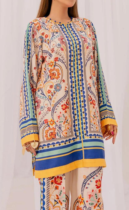 Stylish Printed V-Neck Shirt and Plain Trouser Set - 2 Pcs for Women