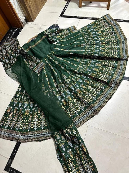 3 Pcs Women's Stitched Katan Silk Embroidered Maxi