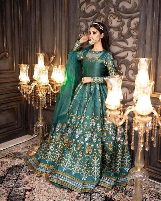 3 Pcs Women's Stitched Katan Silk Embroidered Maxi