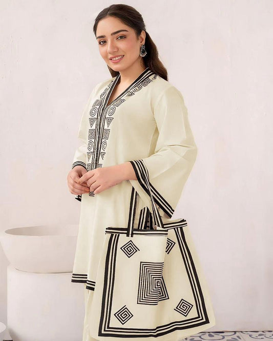 2 Pcs Women's Stitched Linen Printed Shirt And Trouser With Bag