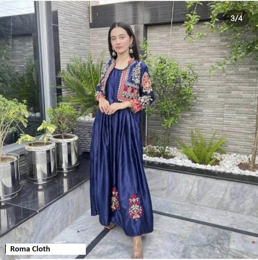 3 Pcs Women's Stitched Fancy Katan Silk Embroidered Maxi