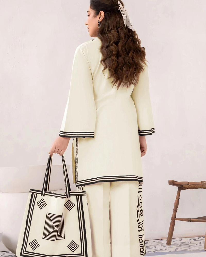 2 Pcs Women's Stitched Linen Printed Shirt And Trouser With Bag