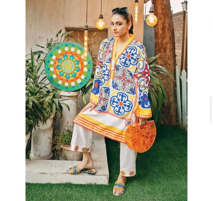 2 Pcs -Stylish Women's Stitched Printed Khaddar Shirt and Trouser Set